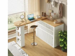 KOMHTOM Mesa de bar extensible con espacio de almacenamiento, moderna, móvil, mesa de bar extensible con un cajón y dos estantes, blanca