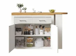 KOMHTOM Mesa de bar extensible con espacio de almacenamiento, moderna, móvil, mesa de bar extensible con un cajón y dos estantes, blanca