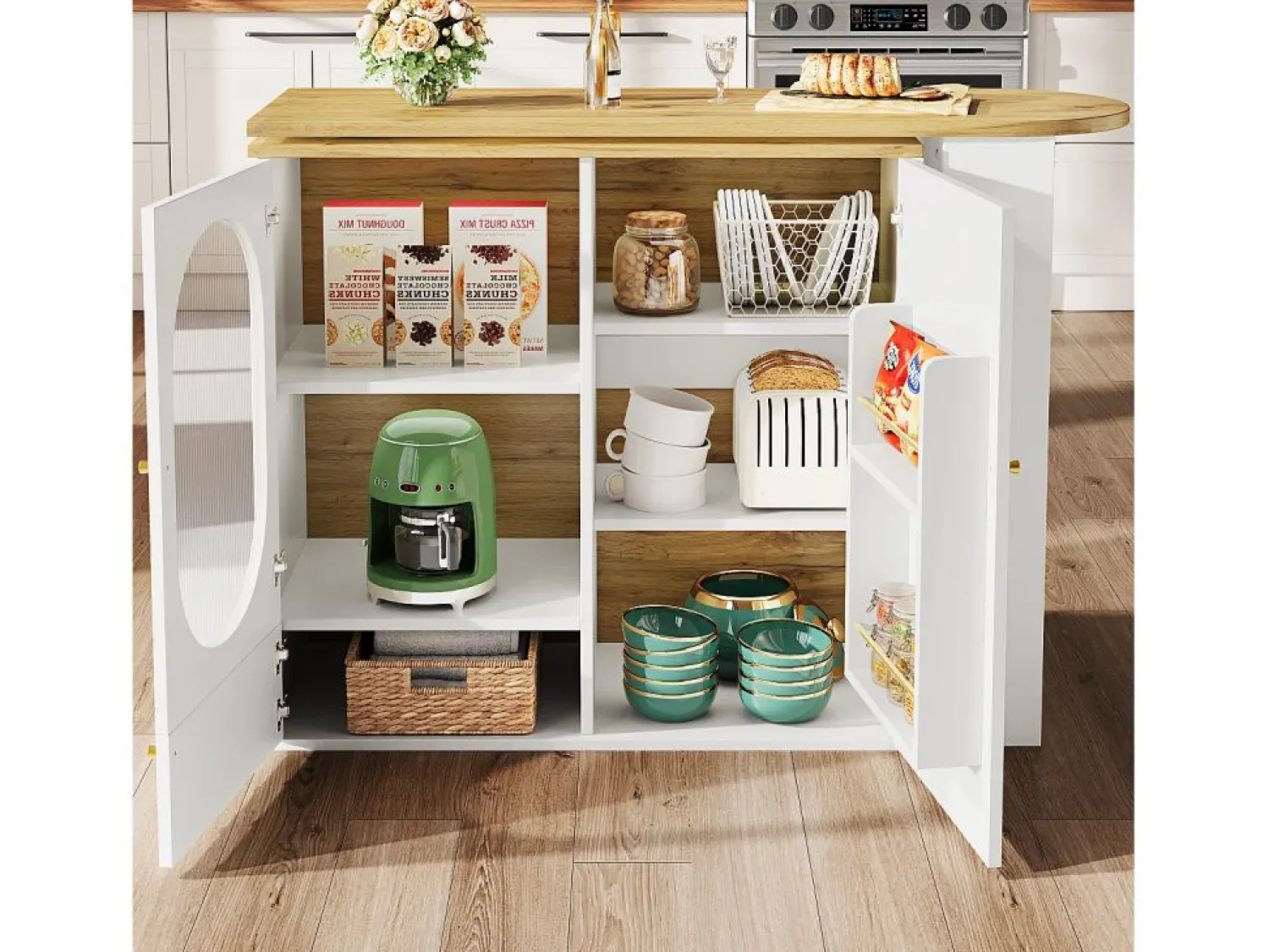 Discount Mesa de bar giratoria con 3 puertas, isla de cocina con almacenaje - tablero extensible (138-204)x39x102 cm - Mueble Bar