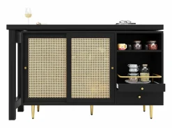 Sale Mesa de bar giratoria con puerta de ratán y estante abierto - Mesa de comedor de madera - Negra - 107x40x71,4 cm Negro