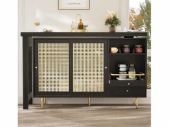 Sale Mesa de bar giratoria con puerta de ratán y estante abierto - Mesa de comedor de madera - Negra - 107x40x71,4 cm Negro