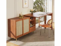 Sale Mesa de bar giratoria con puerta de ratán y estante abierto - Mesa de comedor de madera - Marrón - 107 x 40 x 71,4 cm Mueble Bar