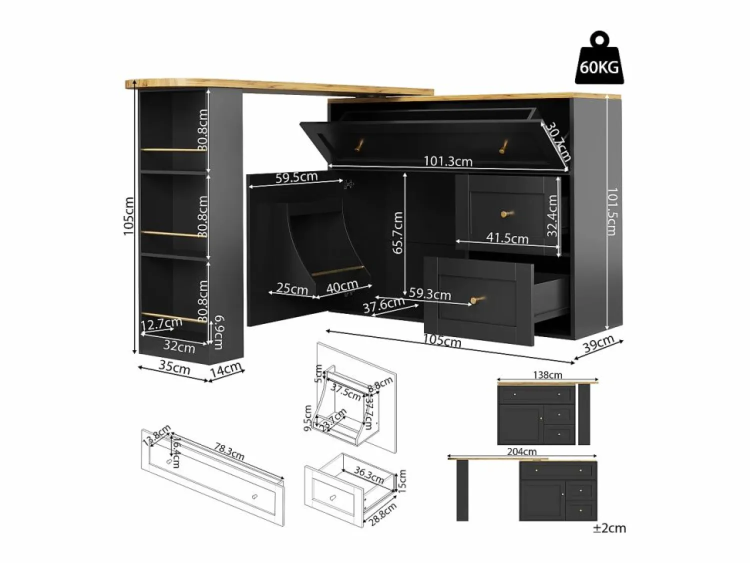 New Mesa de bar giratoria con 1 puerta y 2 cajones, espacio de almacenamiento tipo buffet con tablero extensible (138-204)×39×105 cm - Mueble Bar