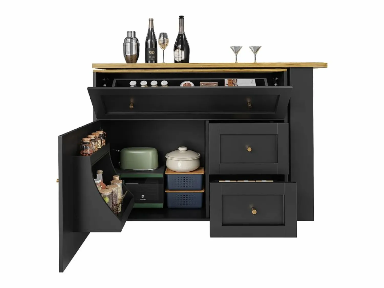 New Mesa de bar giratoria con 1 puerta y 2 cajones, espacio de almacenamiento tipo buffet con tablero extensible (138-204)×39×105 cm - Mueble Bar