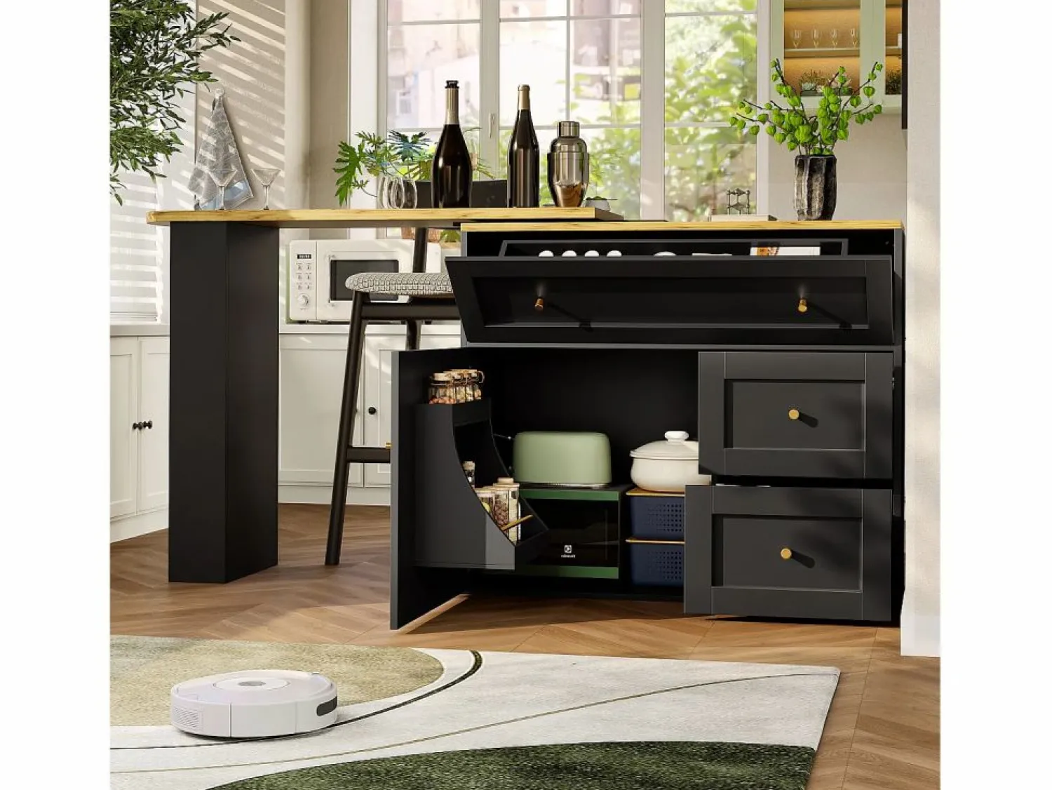 New Mesa de bar giratoria con 1 puerta y 2 cajones, espacio de almacenamiento tipo buffet con tablero extensible (138-204)×39×105 cm - Mueble Bar