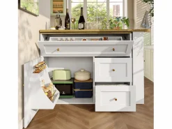 Sale Mesa de bar giratoria con 1 puerta y 2 cajones, espacio de almacenamiento tipo buffet con tablero extensible (138-204)×39×105 cm - Blanco