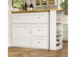 Sale Mesa de bar giratoria con 1 puerta y 2 cajones, espacio de almacenamiento tipo buffet con tablero extensible (138-204)×39×105 cm - Blanco