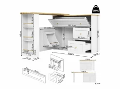 Sale Mesa de bar giratoria con 1 puerta y 2 cajones, espacio de almacenamiento tipo buffet con tablero extensible (138-204)×39×105 cm - Blanco