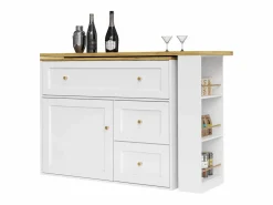 Sale Mesa de bar giratoria con 1 puerta y 2 cajones, espacio de almacenamiento tipo buffet con tablero extensible (138-204)×39×105 cm - Blanco
