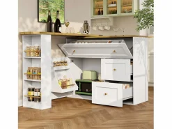Sale Mesa de bar giratoria con 1 puerta y 2 cajones, espacio de almacenamiento tipo buffet con tablero extensible (138-204)×39×105 cm - Blanco