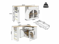 Online Mesa de bar giratoria con 2 puertas y 1 cajón Isla de cocina con tablero extensible (138-204)x39x104 cm - almacenaje abierto - Blanco