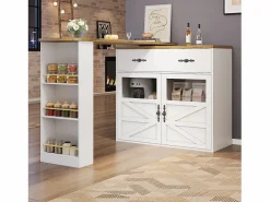 Mesa de bar giratoria de madera con 2 puertas y 1 cajón, con tablero extensible - (138-204) x 39 x 104 cm - Mueble Bar