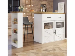 Mesa de bar giratoria de madera con 2 puertas y 1 cajón, con tablero extensible - (138-204) x 39 x 104 cm - Mueble Bar