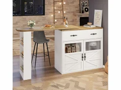 Mesa de bar giratoria de madera con 2 puertas y 1 cajón, con tablero extensible - (138-204) x 39 x 104 cm - Mueble Bar