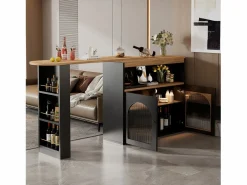 Mesa de bar giratoria de madera con espacio de almacenamiento - Luz LED ajustable - Negra - 138/193 x 39 x 105 cm Mueble Bar