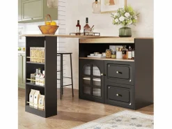 Clearance Mesa de bar giratoria de madera con 1 puerta de cristal y 2 cajones, aparador con almacenaje (138-204) x 39 x 104 cm - Negro