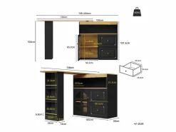 Clearance Mesa de bar giratoria de madera con 1 puerta de cristal y 2 cajones, aparador con almacenaje (138-204) x 39 x 104 cm - Negro