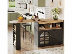 Clearance Mesa de bar giratoria de madera con 1 puerta de cristal y 2 cajones, aparador con almacenaje (138-204) x 39 x 104 cm - Negro