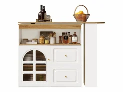 Discount Mesa de bar giratoria de madera con 1 puerta de cristal y 2 cajones, aparador con almacenaje (138-204) x 39 x 104 cm - Mueble Bar