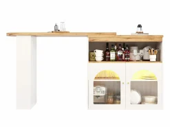 New Mesa de bar giratoria de madera con espacio de almacenamiento - Luz LED ajustable - - 138/193 x 39 x 105 cm Mueble Bar