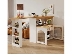 New Mesa de bar giratoria de madera con espacio de almacenamiento - Luz LED ajustable - - 138/193 x 39 x 105 cm Mueble Bar