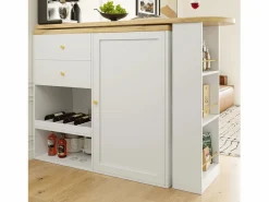 Clearance Mesa de bar giratoria de madera con 1 puerta y 2 cajones Isla de cocina con almacenaje 138x39x102 cm - Blanco