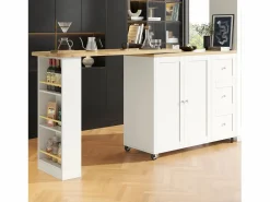 Best Mesa de bar giratoria móvil 2 puertas y 3 cajones Isla de cocina con tablero extensible (135-203)x39x106 cm - Blanco