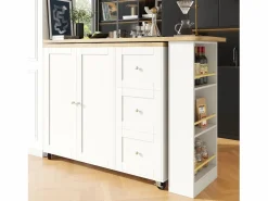 Best Mesa de bar giratoria móvil 2 puertas y 3 cajones Isla de cocina con tablero extensible (135-203)x39x106 cm - Blanco