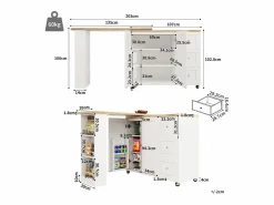 Best Mesa de bar giratoria móvil 2 puertas y 3 cajones Isla de cocina con tablero extensible (135-203)x39x106 cm - Blanco