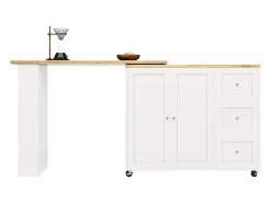 Best Mesa de bar giratoria móvil 2 puertas y 3 cajones Isla de cocina con tablero extensible (135-203)x39x106 cm - Blanco