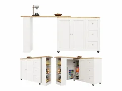 Best Mesa de bar giratoria móvil 2 puertas y 3 cajones Isla de cocina con tablero extensible (135-203)x39x106 cm - Blanco
