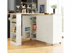 Best Mesa de bar giratoria móvil 2 puertas y 3 cajones Isla de cocina con tablero extensible (135-203)x39x106 cm - Blanco