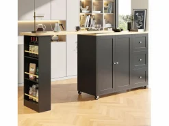 New Mesa de bar giratoria móvil 2 puertas y 3 cajones Isla de cocina con tablero extensible (135-203)x39x106 cm - Negro