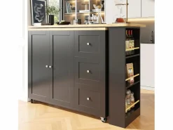 New Mesa de bar giratoria móvil 2 puertas y 3 cajones Isla de cocina con tablero extensible (135-203)x39x106 cm - Negro