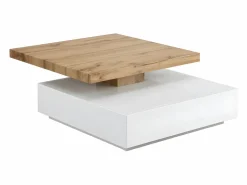 Vente-unique Mesa de centro - 1 cajón y tablero pivotante - MDF - Color: blanco y roble. KYRIA Color natural claro / Blanco