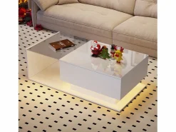 Outlet OKWISH Mesa de centro blanca de 100 x 50 cm con LED, cajón y tablero de cristal - para salón y oficina Blanco