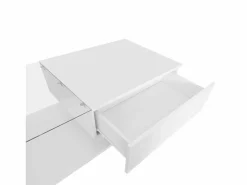 Outlet OKWISH Mesa de centro blanca de 100 x 50 cm con LED, cajón y tablero de cristal - para salón y oficina Blanco