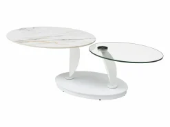 Maison Céphy Mesa de centro con tableros pivotantes de cerámica, vidrio templado y metal - Blanco - MANEYA