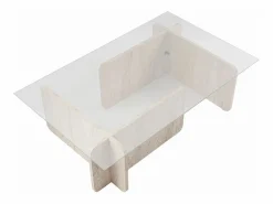 Mesa de centro de cristal templado - Efecto travertino beige y transparente - AZRA Mesa De Centro