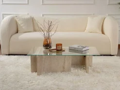 Mesa de centro de cristal templado - Efecto travertino beige y transparente - AZRA Mesa De Centro