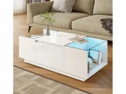 Merax Mesa de centro moderna - 105 x 50 x 35 cm - con 2 cajones + LED - tablero de cristal - aglomerado -