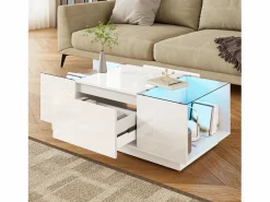 Merax Mesa de centro moderna - 105 x 50 x 35 cm - con 2 cajones + LED - tablero de cristal - aglomerado -