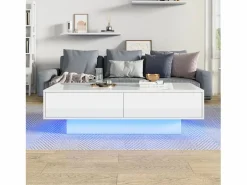 Hot Mesa de centro moderna brillante con 2 cajones - 115 x 55 x 34 cm - LED - Tablero de partículas - Mesa De Centro