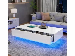Hot Mesa de centro moderna brillante con 2 cajones - 115 x 55 x 34 cm - LED - Tablero de partículas - Mesa De Centro