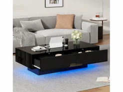Outlet Mesa de centro moderna lacada de alto brillo con iluminación LED y 2 cajones - Mesa De Centro