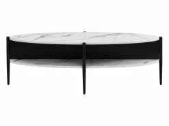 Outlet Vente-unique Mesa de centro ovalada con 4 estantes de MDF y metal - Efecto mármol blanco y negro - EVARO Negro / Blanco