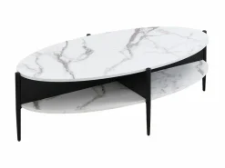 Outlet Vente-unique Mesa de centro ovalada con 4 estantes de MDF y metal - Efecto mármol blanco y negro - EVARO Negro / Blanco