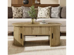 Best ModernLuxe Mesa de centro ovalada elevable 100x50x40,5 cm - Estantes abiertos y almacenamiento oculto - 2 puertas correderas - MDF - Natural Color natural claro