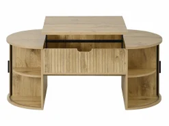Best ModernLuxe Mesa de centro ovalada elevable 100x50x40,5 cm - Estantes abiertos y almacenamiento oculto - 2 puertas correderas - MDF - Natural Color natural claro