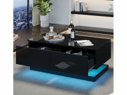 Sale Hauss Spole Mesa de centro rectangular 90x50x38cm con 2 cajones, LED incluido, cuerpo en lacado brillo Negro
